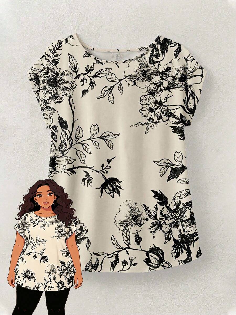 Rusticease Áo kiểu dáng rộng rãi, thanh lịch, cổ tròn, tay ngắn, họa tiết hoa, cỡ lớn, thích hợp cho kỳ nghỉ hè. - Nhiều màu - Xem 1