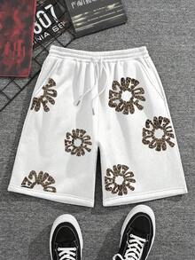 Manfinity Dauomo Shorts masculinos versáteis com estampa floral de leopardo, cintura elástica e cordão ajustável. - Multicolorido - Ver 2