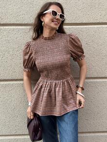 Solivie Women's Summer Short Sleeve Cable Knit Collared Shirt, Waist Cinching Plaid Blouse - Khaki - View 4