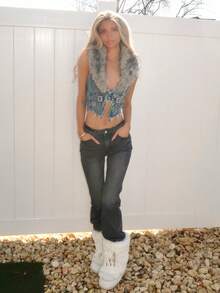 Sydney Algeri Y2K 女式可拆卸仿毛领牛仔夹克 - 藍色 - 查看 3