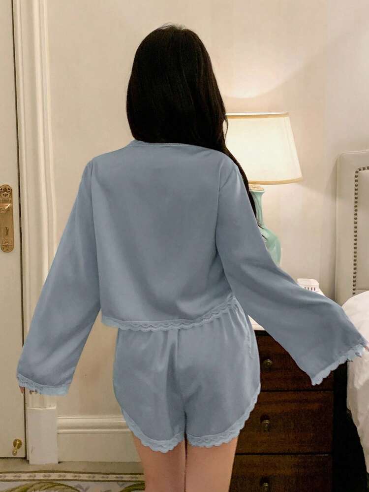2pcs/Set Women's Romantic Lace Patchwork Satin Tie-Up Top And Super Short Pajama Pants, Sleepwear Set For Spring And Summer
