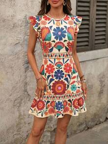 SHEIN Clasi 女士圆领喇叭袖荷叶边松紧腰A字热带花卉印花优雅休闲度假迷你连衣裙，春夏款 - 彩色 - 查看 3