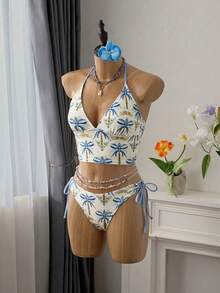 Bellisia 新款女士两件套泳衣，亲肤面料，随机印花露背上衣搭配侧系带泳裤，沙滩度假泳装套装，春夏款 - 淺藍色 - 查看 6