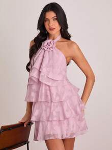 Enchnt 女士层叠花卉装饰露背短款蛋糕裙 - 淺粉色 - 查看 2