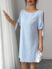 Elenzga 2026春夏新款女士优雅度假串珠蝴蝶结裹身连衣裙/半身裙 - 淺藍色 - 查看 8