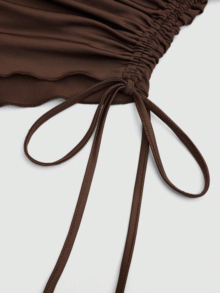 Sweetra Blusa asimétrica con abertura metálica, sin mangas, con empalme y hombros descubiertos, de manga larga para mujeres, adecuada para vacaciones, viajes y uso diario - Marrón - Añade 9
