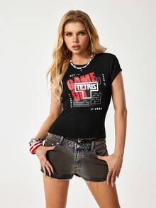 Tetris™ X SHEIN Women's Letter Print Round Neck Short Sleeve Casual Versatile T-Shirt, - Black - View 4