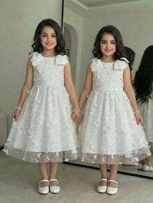 SHEIN Young Girl Elegant Floral Bow Tie Waist Sleeveless White Dress, Princess Dress, Casual Everyday Wear, Wedding Season Dress, Valentine's Day, Flower Girl Dress - White - View 2