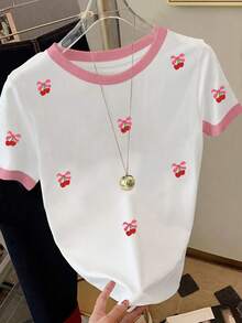 Resyla Áo thun nữ đơn giản màu hồng in hình quả anh đào, thích hợp cho mùa hè, đi làm hàng ngày, quà tặng lễ hội, thời trang, áo thun sành điệu, áo thun đẹp, quà tặng anh chị em, quà tặng mẹ, quà tặng Ngày của Mẹ, áo thun thường ngày nhưng vẫn thời trang. - Hồng - Xem 1