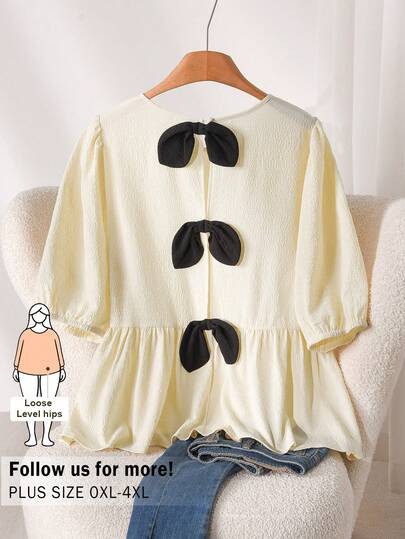 CosyJoli Plus Size Summer Casual Shirt With Bow Decoration Cute Blouses Blouse Summer Womens Cute Tops Vintage Tops Women Spring Casual Blouse For Women