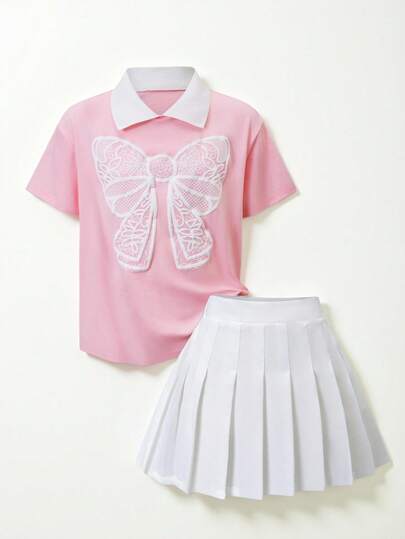 SHEIN Casuvi Kids 2pcs/Set Tween Girls' Bow Decor Short Sleeve Polo Collar T-Shirt Paired With White Pleated Mini Skirt, Summer New Arrival