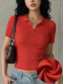 Crop top tejido con cuello en V Camisero - rojo - Ver 1