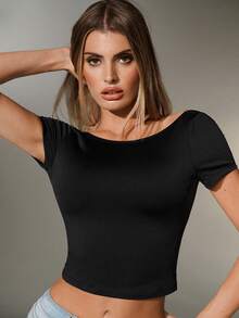 Nuvra 1pc Women's Black Comfortable Fabric Sexy Backless Design T-Shirt - Black - View 7