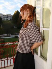 Gretanique Streetwear 女式格子拉链口袋短袖衬衫 - 鏽棕色 - 查看 5