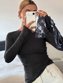 DAZY 两件套女士格子修身吊带背心和长袖T恤休闲度假夏季套装 - 灰色 - 查看 3