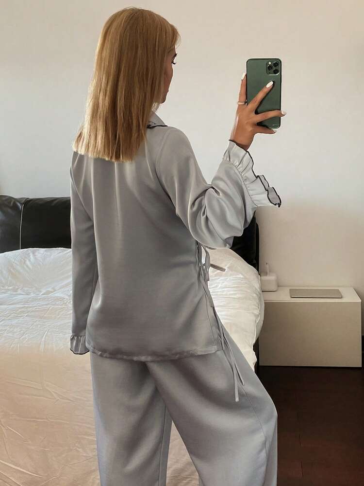 Elegant Satin Ruffle Trim Decorative Lapel Women Pajama Set
