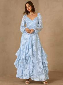 Enchnt Spring/Summer Romantic Women's Baby Blue Jacquard Ruffle Hem Long Sleeve Maxi Dress,Sweet&Elegant For Party&Prom&Vacation&Date&Holiday&Going Out&Valentine's Day,Spring Outfit Women - Blue - View 6