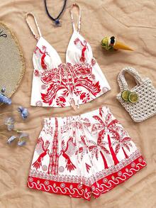 Soleia Women's Vacation Bird Print Tie Front Camisole And Shorts 2 Pieces Set - Red and White - View 5