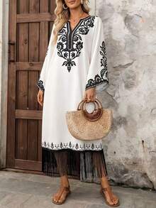 EMERY ROSE Women's Floral Print V-Neck Flare Sleeve Loose Vacation Dress - Multicolor - View 5