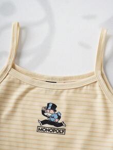 MONOPOLY X SHEIN 少女条纹圆领卡通字母印花吊带背心和松紧腰短裤休闲睡衣套装 - 黃色 - 查看 3