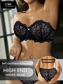Conjunto de lencería sexy con sujetador con aros y calzones de encaje y parches para mujer - Negro - Ver 6