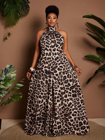 Maweii Plus Size Leopard Print Off-Shoulder Backless Sexy Resort Jumpsuit