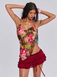 ROMWE Y2K Spring/Summer Beach Vacation Sexy Plumeria Print Halter Neck Sleeveless Top With Cylindrical Hem Decor - Green - View 2