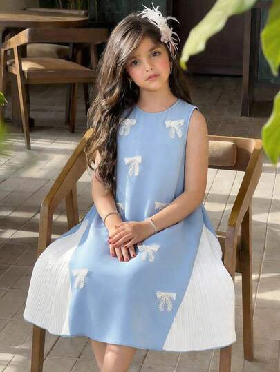 SHEIN Tween Girl Casual Elegant Woven Solid Color Contrast Bow Decor Puff Sleeve A-Line Dress, Princess Dress, Everyday Wear, Back To School, Blue Dress, Bow Dress