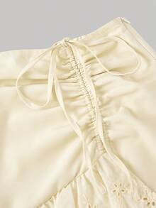 Skyraze Women's Cream White Summer Western Skirt,Drawstring Ruched Knot Schiffy Ruffle Asymmetrical Hem,Vacation Holiday Outfits,Concert Party Boho Y2K Skirt - Apricot - View 7