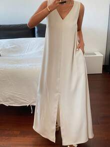 DAZY Đầm trơn màu, cổ chữ V, dáng rộng, không tay, thích hợp mặc đi nghỉ mát mùa hè cho nữ. - Màu be - Xem 3