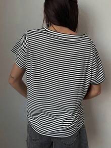 Livesso Women's V-Neck Striped Casual Versatile Daily Wear Short Sleeve T-Shirt - Black and White - View 5