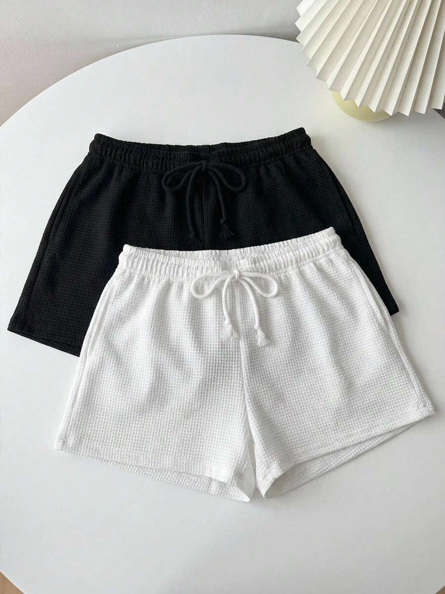SHEIN EZwear 两色针织女式腰带休闲短裤 - 彩色 - 查看 1