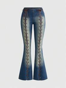 ROMWE Quần jeans ống loe cạp siêu thấp, kiểu hippie miền Tây, gợi cảm, thiết kế dây thừng rỗng, thích hợp cho lễ hội âm nhạc. - Màu xanh lam - Xem 1