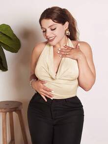 Lupita Cardoza 女士圆领无袖短款 Y2K 红色性感上衣，时尚纯色 - 杏色 - 查看 5