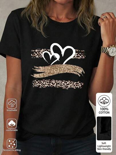 EMERY ROSE Koszulka damska z okrągłym dekoltem, wykonana w 100% z bawełny, z nadrukiem w serca i panterkę, na lato