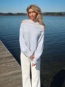 Sydney Algeri 女士宽松镂空落肩长袖休闲毛衣，秋季 - 藍色 - 查看 4