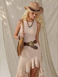 Wildy 休闲美式乡村音乐节复古纹理女式春夏基础款无袖不对称下摆中长连衣裙，适合日常穿着和通勤。 - 卡其色 - 查看 8