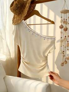 Franclia Women's Cream White Elegant Summer Tea Party One-Shoulder T-Shirt,Lace Trim Star & Shell Decor Ruched Waist One Sleeve Blouse Relaxed Vacation Tops - White - View 3