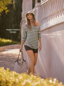 GLOWMODE Easy Day Soft Smooth Wrinkle-Resistant Striped Relaxed Fit Hip Length Curved Hem Raglan Sleeves Button-Down Top Daily Casual Wear - Green - View 2