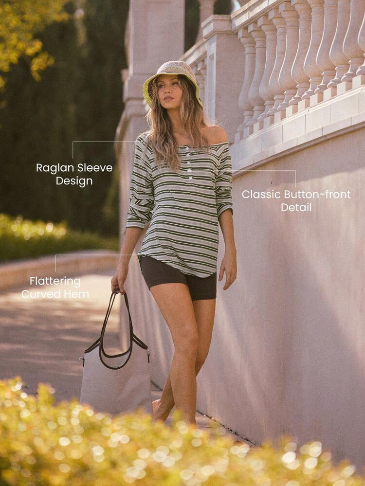 Easy Day Soft Smooth Wrinkle-Resistant Striped Relaxed Fit Hip Length Curved Hem Raglan Sleeves Button-Down Top Daily Casual Wear