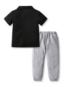 SHEIN Streecool Kids 2pcs/Set Young Boy Summer Casual Contrast Stripe T-Shirt And Pants Set - Black - View 2