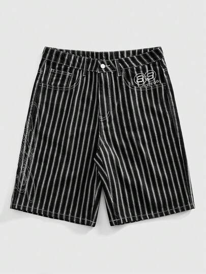 ROMWE MEN Quần short denim nam mùa hè, kiểu dáng thường ngày, kẻ sọc, túi xéo.