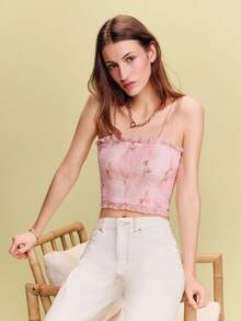 lacRébo Floral Ruched Cami Top With Ruffled Edges Spring Summer Vacation Going Out Dress French Style Parisian Style - Pink - View 3