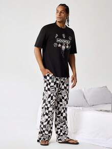 MONOPOLY X SHEIN 男士卡通印花短袖上衣和裤子睡衣套装，MONOPOLY - 黑色 - 查看 6