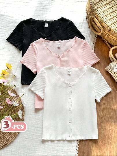 Vintaside Kids 3pcs Girls' Solid Color Ribbed Knit V-Neck Short Sleeve T-Shirt With Frill Trim, Versatile Undershirt