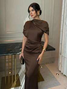 Firerie 女士优雅简约精致浪漫端庄节日舞会派对情人节约会婚礼宾客度假通勤时尚新款塔夫绸褶裥二合一棕色连衣裙 - 棕色 - 查看 1