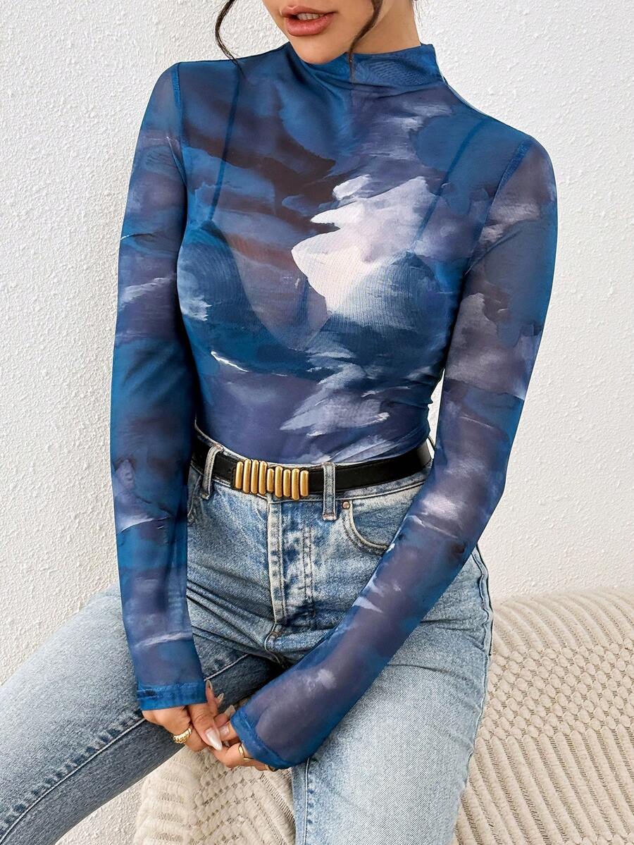 SHEIN Clasi 女士立领休闲百搭日常长袖上衣 - 藍白色 - 查看 1