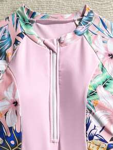Tween Girls' One-Piece Swimsuit, Tropical Print Zip-Up Swimwear - Multicolor - View 5