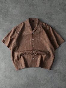 PAVTROS Men's Minimalist Printed Short Sleeve Shirt Brown Graphic Shirt Men's Boxy Shirt Brown Button Up Men Men's Cropped Button Up Streetwear Men Shirt - Black - View 1