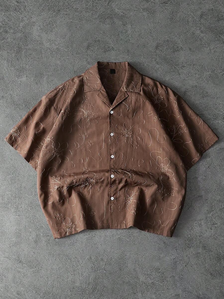 PAVTROS Men's Minimalist Printed Short Sleeve Shirt Brown Graphic Shirt Men's Boxy Shirt Brown Button Up Men Men's Cropped Button Up Streetwear Men Shirt - Black - View 1